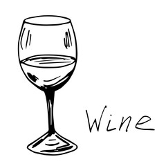 Hand-drawn ink vector drawing. Glass, alcoholic drink, bar glassware. For prints menu, restaurant, logo, wine list.