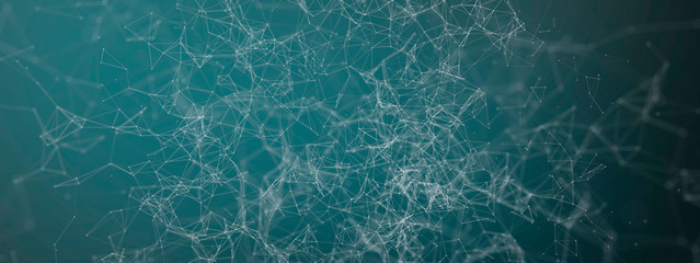 Digital technology background. Abstract white dots are connected by lines on a blue background. Concept of engineering, digital and scientific ways to visualize data. Space for text.