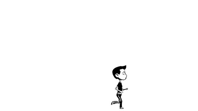 Cartoon boy running across screen in lower thirds black and white