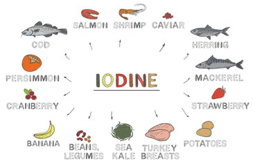 Iodine, infographics. Foods rich in iodine, natural products on white background.Healthy lifestyle concept