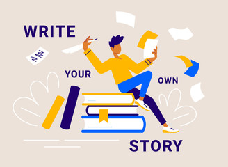 Vector creative business illustration of man with pen and paper sitting on book on color background with word. Writer starting write. Creativity inspiration concept.