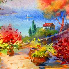 Watercolor colorful bright textured abstract background handmade . Mediterranean landscape . Painting of architecture and vegetation of the sea coast , made in the technique of watercolors from nature