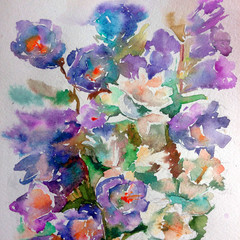 Abstract bright colored decorative background . Floral pattern handmade . Beautiful tender romantic bouquet of summer  flowers , made in the technique of watercolors from nature.