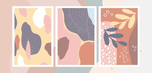 Set of Abstract backgrounds with hand drawn textures, memphis style. Universal pastel colors. Wallpaper fashion design.