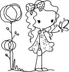 black and white cartoon girl with flower