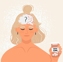 World Multiple Sclerosis Day. 
A young woman who has multiple sclerosis is not feeling well and is holding a medicine in her hands. Multiple sclerosis concept, vector flat illustration.
