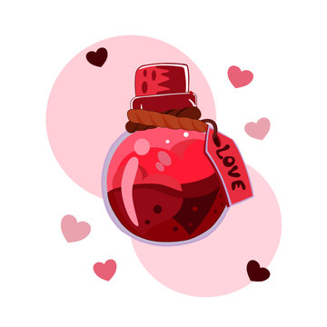 A  bottle with the elixir of love. Valentines day card.