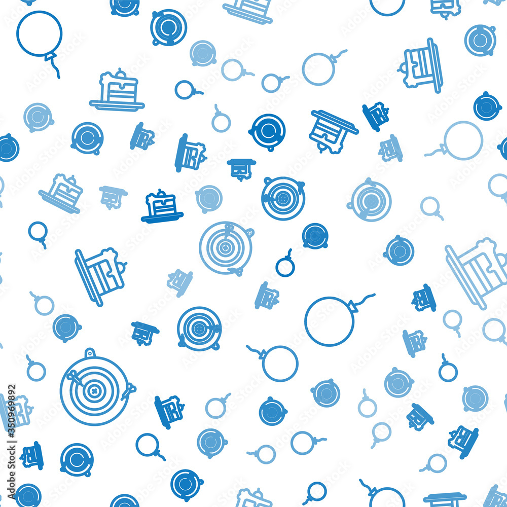 Poster set line classic dart board and arrow, balloon with ribbon and cake on seamless pattern