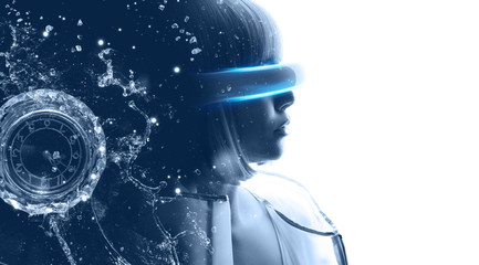Beautiful woman over white background. Girl in glasses of virtual reality. Augmented reality, game, future technology, AI concept. VR. Blue neon light. Double exposure portrait.