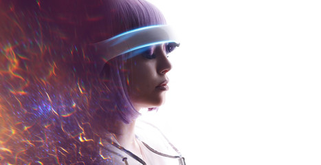 Fototapeta premium Beautiful woman with purple hair over white background. Girl in glasses of virtual reality. Augmented reality, game, future technology, AI concept. VR. Blue neon light. Double exposure portrait.