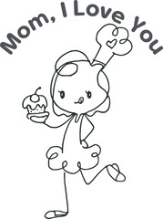 Obraz premium black and white cartoon girl with cake say mom i love you