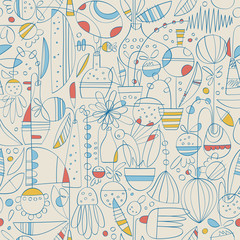 Contemporary Toile de Jouy hand drawn pattern of linear abstract flowers in pots and vases with basic colors on pale background