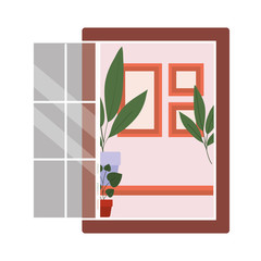 window with interior view of plants and frames vector design