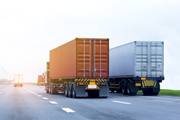 Truck on highway road with red  container, transportation concept.,import,export logistic industrial Transporting Land transport on the asphalt expressway 