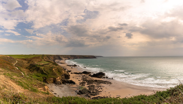 Wide panoramic Landscape of Marloes Sands beach from the high cliffs, South Wales