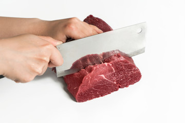 Freshness raw beef in pieces with white background.