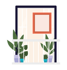 window balcony with interior view of plants and frame vector design