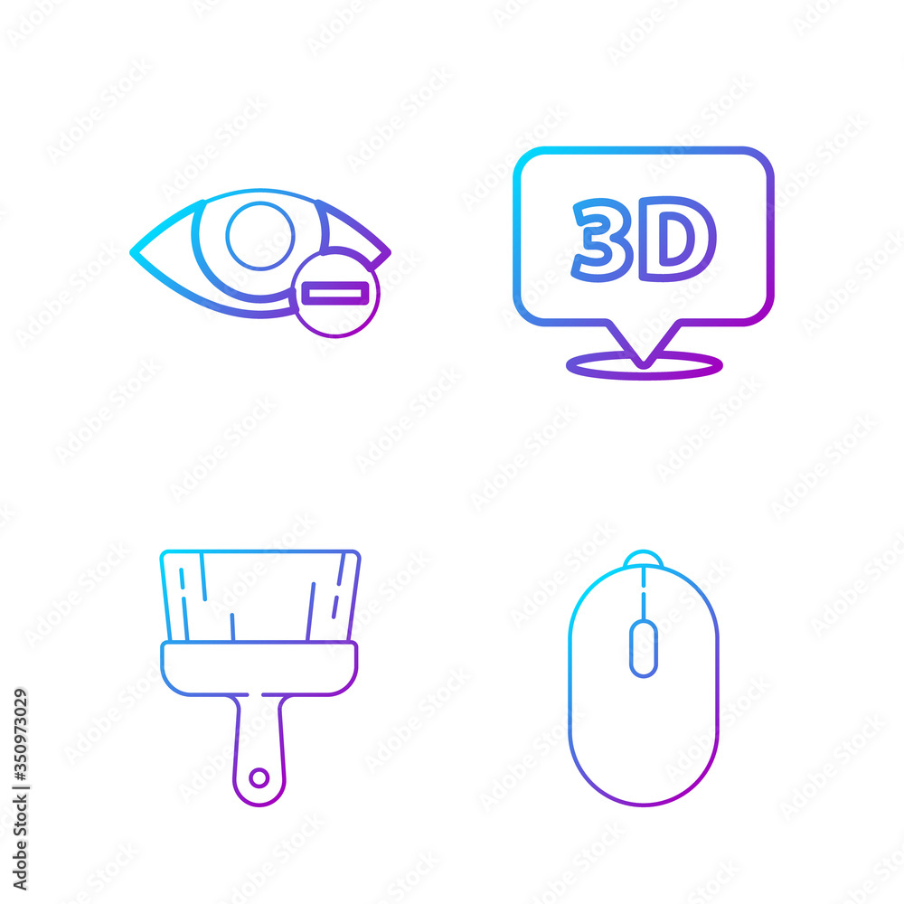 Poster set line computer mouse, paint brush, red eye effect and speech bubble with text 3d. gradient color 