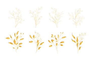 Botanical line art silhouette golden leaves hand drawn pencil sketches isolated on white background. Fine art floral elegant delicate graphic clipart for wedding invitation card. Vector illustration