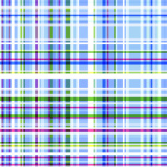 Seamless checkered pattern in cold colors, a geometric combination of stripes of blue, violet, green and white. Fashionable and glamorous decoration of any of your bold advertising projects. 
