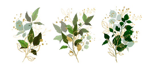 Gold leaves green tropical branch plants wedding bouquet with golden splatters isolated. Floral foliage vector illustration arrangement in watercolor style for wedding invitation card - 350974457