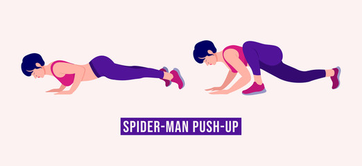 Girl doing Spiderman Push Up exercise, Woman workout fitness, aerobic and exercises. Vector Illustration.