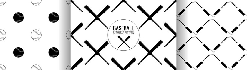 Flat Baseball ball and black wooden cross bat seamless pattern collection. Usa national sport game equipment set on white background textile print.  Vector illustration