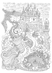 Fantasy landscape. Fairy tale medieval castle on a hill, unicorn and flying dragon. T-shirt print. Album cover, invitation card. Black and white Coloring book page for adults and children 