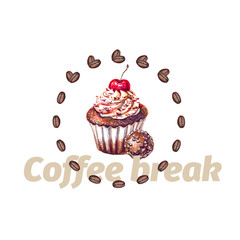 Chocolate muffin with fresh cherry and coffee beans painted with watercolor isolated on white background. Coffee break logo concept
