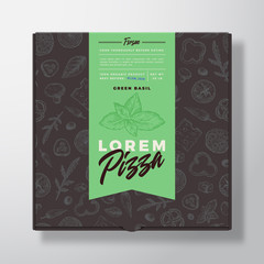 Green Basil Frozen Pizza Realistic Cardboard Box. Abstract Vector Packaging Design or Label. Modern Typography, Sketch Seamless Food Pattern. Black Paper Background Layout.