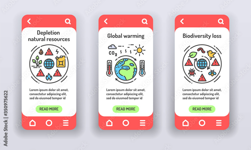 Poster eco problems on mobile app onboarding screens. environmental issue. banners for website on white bac