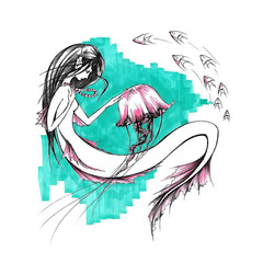 Mermaid with a jellyfish. Hand drawn sketch. Marker and liner art