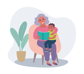 Elderly parent reading book to grandchild. Kid listening to grandmother sitting at armchair. Child Care, education, home schooling.