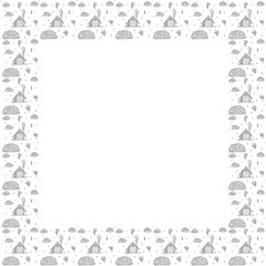 Fototapeta premium Square frame for text in Scandinavian style from a of black and white hand-drawn rustic houses with smoke from a pipes, potted plants, clouds, bushes, flowers, leaves, buds. Contour doodles. Vector.
