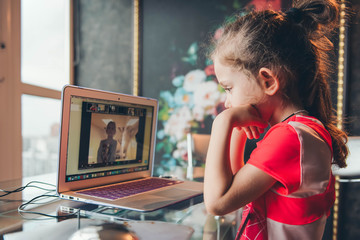 Online remote learning. School kids with computer having video conference chat with teacher and class group. Child studying from home. Friends Video Chat Connection.
