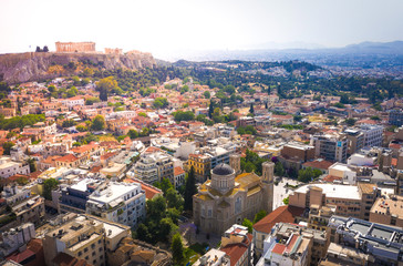 Aerial view of Acropolis of Athens, Greece, with the Parthenon Temple