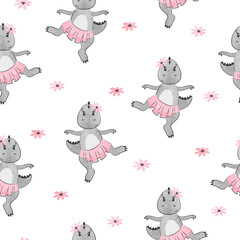 Cartoon Dino girl pattern for kids design. Vector cute dancing dinosaur background.	