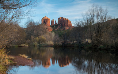 Reflection of Sedona's iconic Cathedral Rock on Oak Creek, Sedona Arizona.