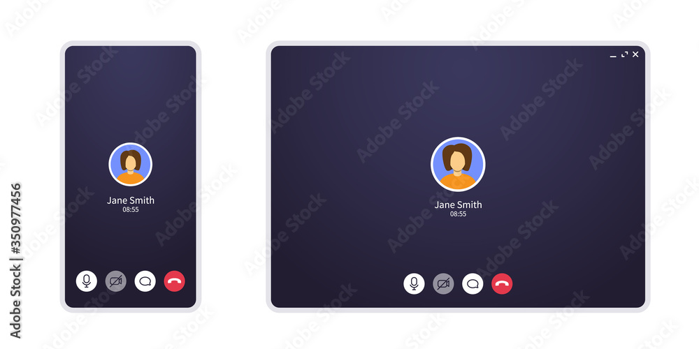 Poster video call screen on mobile phone and web. conference chat application ui with mic and video icon an