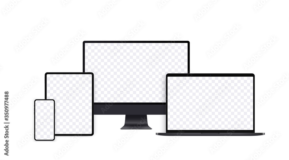 Fototapete realistic computer mockup set with desktop, laptop, pad and smartphone. black electronic device set 