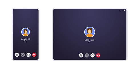 Video call screen on mobile phone and web. Conference chat application ui with mic and video icon and blank place for your picture. Interface mockup for home office and online learning on quarantine.