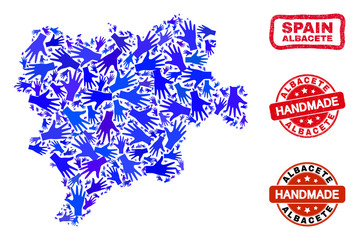 Vector handmade collage of Albacete Province map and rubber seals. Mosaic Albacete Province map is formed of randomized blue hands. Rounded and crooked red seals with distress rubber texture.