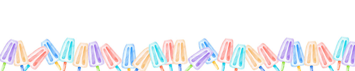 Watercolor hand drawn banner with multicolored ice cream on a stick. Perfect for printing on the fabric, design package and cover