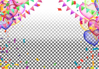 Colored confetti with ribbons and balloons on the white. Eps 10 vector file.