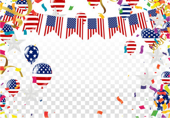 Colored confetti with ribbons and balloons on the white. USA Eps 10 vector file.
