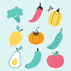 Set of stickers of fruits and vegetables broccoli, pepper, lemon, pumpkin, green peas, avocado, cucumber and tomato