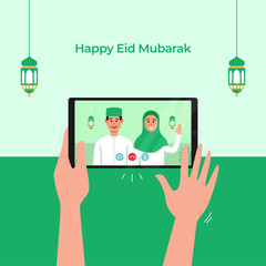 Stay Home online video call with family for Eid Mubarak Islamic festival celebration during covid 19 pandemic. Hand holding smartphone for tele conference vector flat illustration