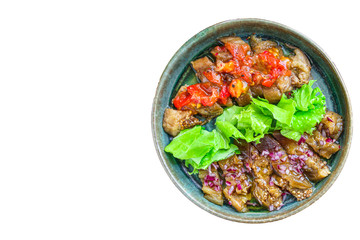 eggplant salad spices and tomatoes, antipasto Menu concept healthy eating. food background top view copy space for text keto or paleo organic