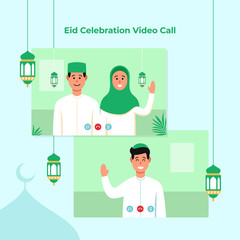 Dual screen video call for Eid Mubarak islamic festival celebration during covid pandemic. Father and online meeting with son vector flat illustration.