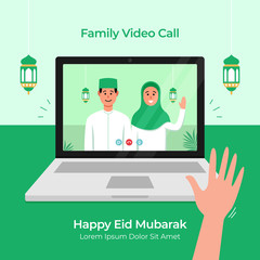 Stay Home online video call with family use laptop for Eid Mubarak Islamic festival celebration during covid 19 pandemic vector flat illustration